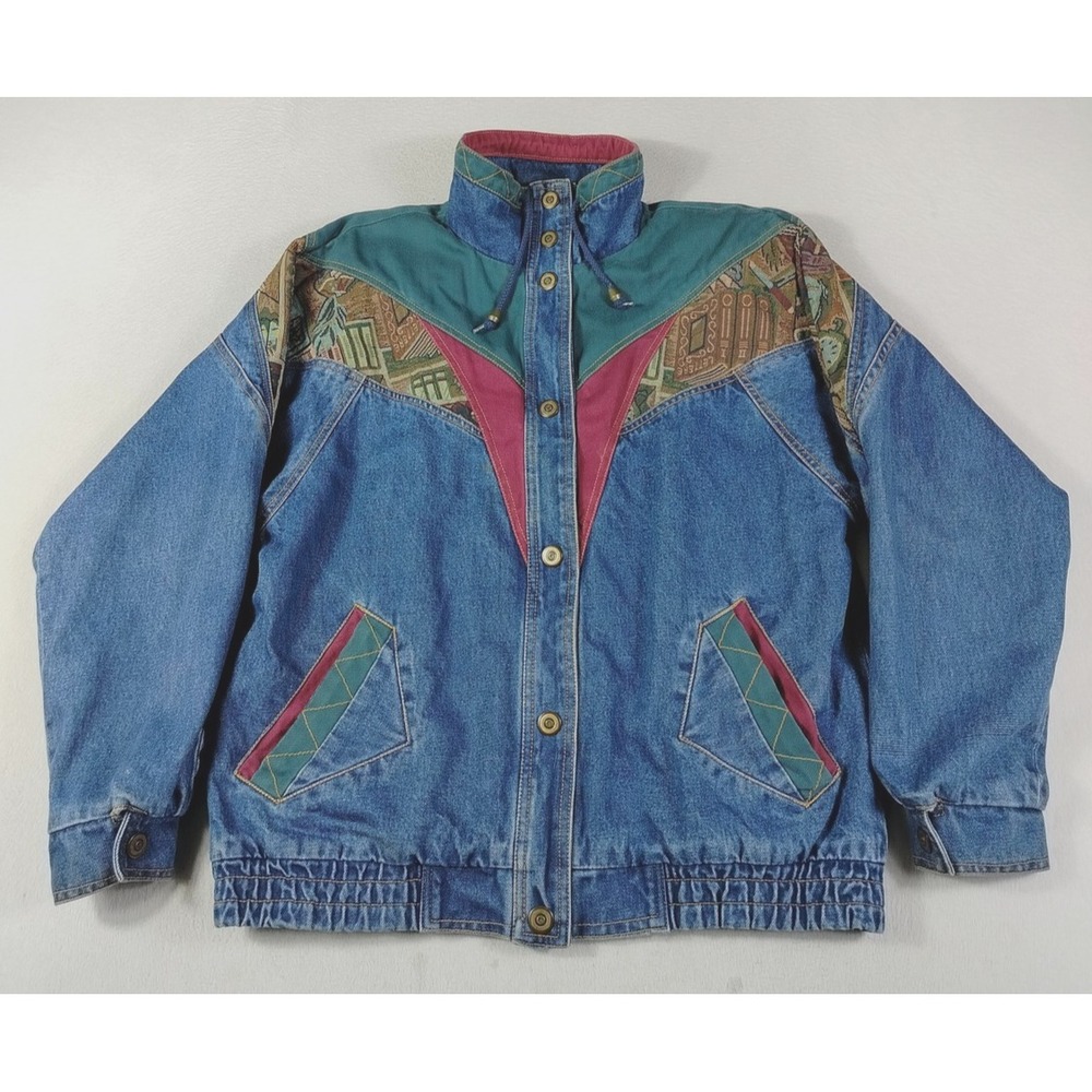 Vintage Current Seen Jacket Mens Medium Blue Denim Teacher Colorblock Bomber 90s